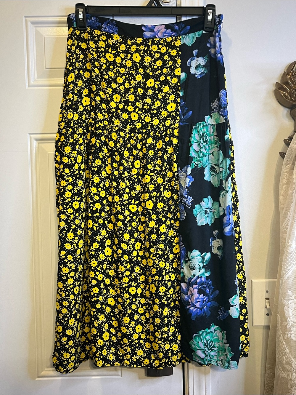 ASOS Patchwork Midi Skirt Size US 10 Mixed Floral Yellow Blue Split Indie Sleaze